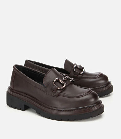 Kadın Deri Kahverengi Tokalı Yüksek Tabanlı Klasik Loafer