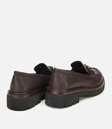 Kadın Deri Kahverengi Tokalı Yüksek Tabanlı Klasik Loafer
