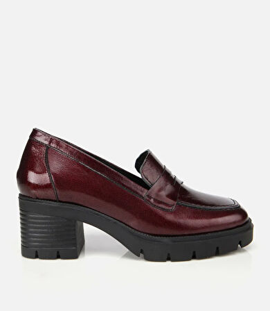 Kadın Rugan Deri Bordo Topuklu Klasik Loafer