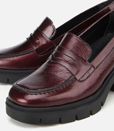 Kadın Rugan Deri Bordo Topuklu Klasik Loafer