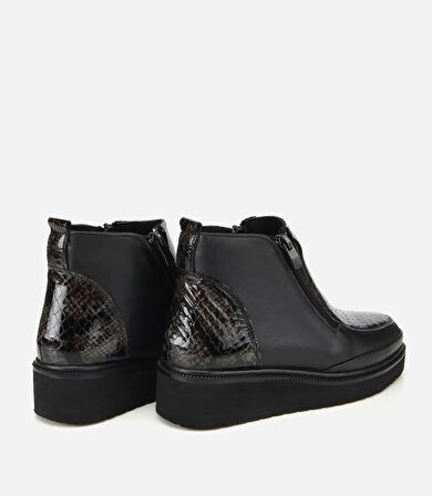 Kadın Deri Siyah Dolgu Topuklu Deri Baskılı Topuklu Bot