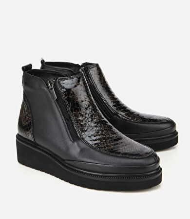 Kadın Deri Siyah Dolgu Topuklu Deri Baskılı Topuklu Bot