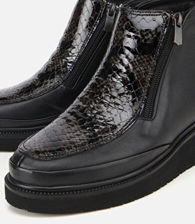 Kadın Deri Siyah Dolgu Topuklu Deri Baskılı Topuklu Bot