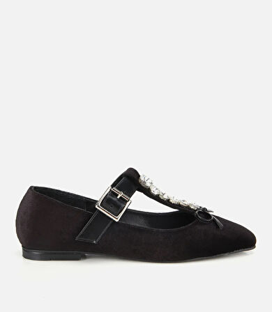 Kadın Siyah Kadife Taşlı Fiyonk Detaylı Babet