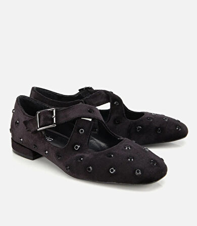 Kadın Siyah Kadife Taşlı Çapraz Bantlı Babet