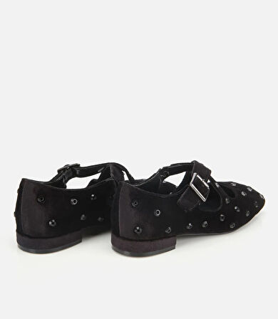 Kadın Siyah Kadife Taşlı Çapraz Bantlı Babet