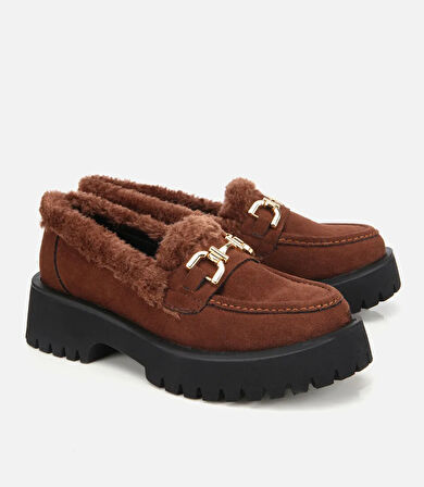 Kadın Süet Kahverengi Kürklü Tokalı Kalın Tabanlı Günlük Loafer