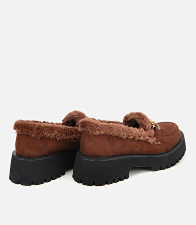 Kadın Süet Kahverengi Kürklü Tokalı Kalın Tabanlı Günlük Loafer