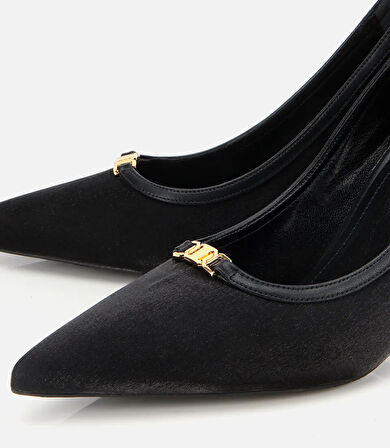 Kadın  Saten Siyah Gold Detaylı Yüksek Topuklu Stiletto