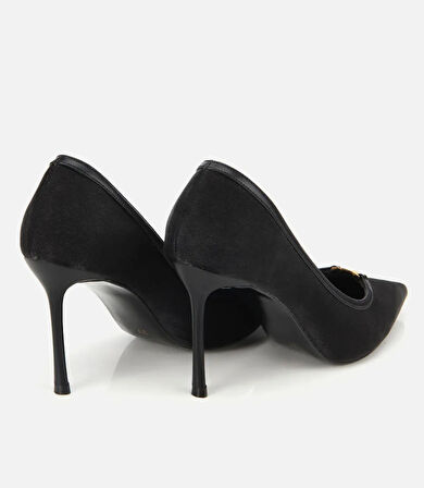 Kadın  Saten Siyah Gold Detaylı Yüksek Topuklu Stiletto