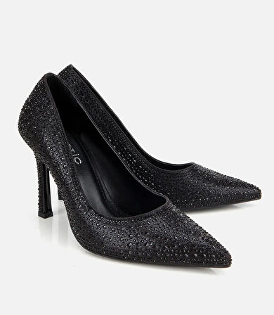 Kadın Siyah Taşlı Yüksek Topuklu Stiletto