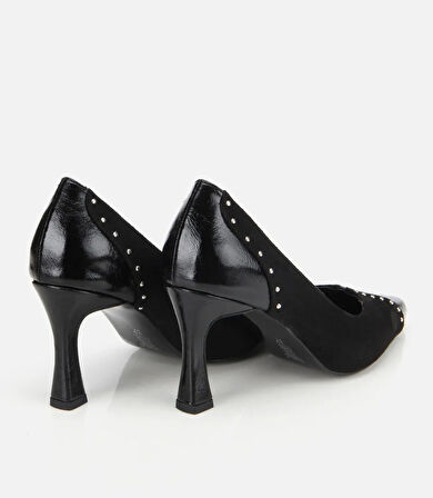 Kadın Süet Siyah Taşlı İnce Topuklu Stiletto