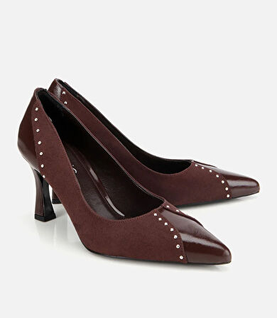 Kadın Süet Kahverengi Taşlı İnce Topuklu Stiletto