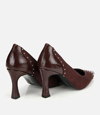 Kadın Süet Kahverengi Taşlı İnce Topuklu Stiletto