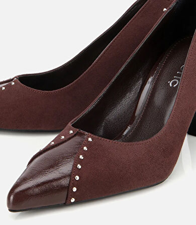 Kadın Süet Kahverengi Taşlı İnce Topuklu Stiletto
