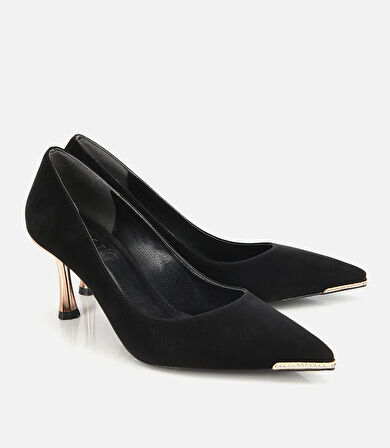 Kadın Saten Siyah Gold Detaylı İnce Topuklu Stiletto