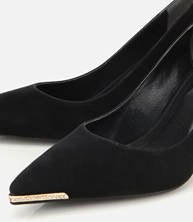 Kadın Saten Siyah Gold Detaylı İnce Topuklu Stiletto