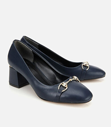 Kadın Lacivert Gold Tokalı Kalın Topuklu Ayakkabı
