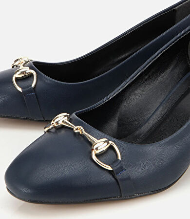 Kadın Lacivert Gold Tokalı Kalın Topuklu Ayakkabı