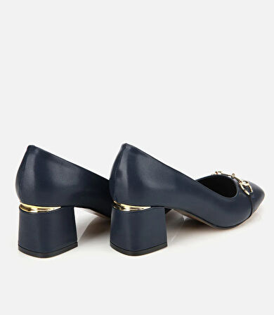 Kadın Lacivert Gold Tokalı Kalın Topuklu Ayakkabı