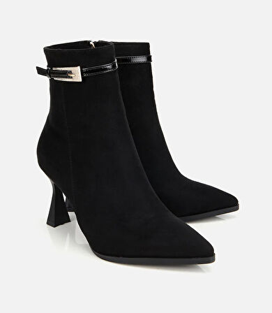 Kadın Süet Siyah Taşlı Tokalı Bilekte Topuklu Bot