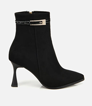 Kadın Süet Siyah Taşlı Tokalı Bilekte Topuklu Bot