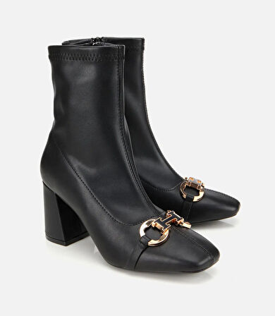 Kadın Siyah Tokalı Streç Fermuarlı Yüksek Topuklu Bot