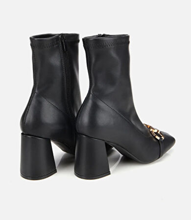 Kadın Siyah Tokalı Streç Fermuarlı Yüksek Topuklu Bot