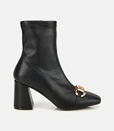 Kadın Siyah Tokalı Streç Fermuarlı Yüksek Topuklu Bot