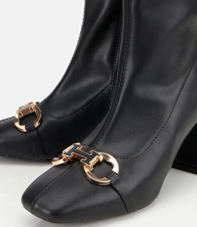 Kadın Siyah Tokalı Streç Fermuarlı Yüksek Topuklu Bot