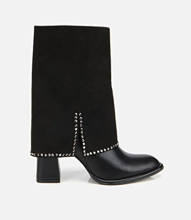 Kadın Siyah Pantolon Görünümlü Zımbalı Kalın Topuklu Bot