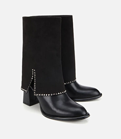 Kadın Siyah Pantolon Görünümlü Zımbalı Kalın Topuklu Bot