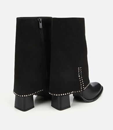 Kadın Siyah Pantolon Görünümlü Zımbalı Kalın Topuklu Bot