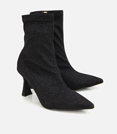 Kadın Siyah Simli Streç Fermuarlı Bilekte İnce Topuklu Bot