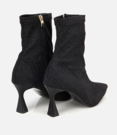 Kadın Siyah Simli Streç Fermuarlı Bilekte İnce Topuklu Bot