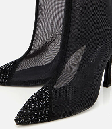 Kadın Siyah Transparan Taş Detaylı Bilekte Topuklu Bot