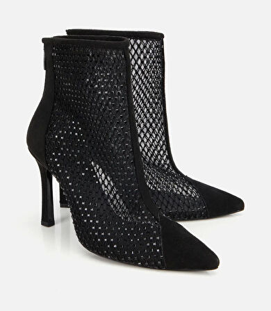 Kadın Siyah Fileli Taş Detaylı Bilekte Topuklu Bot