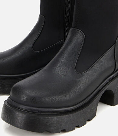 Kadın Siyah Streç Kalın Tabanlı Bilekte Düz Bot