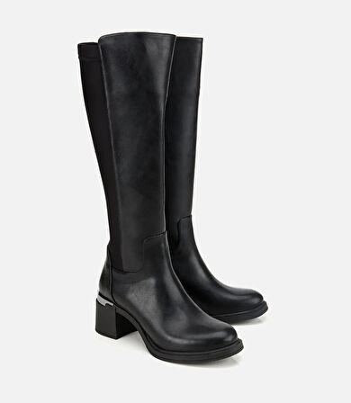 Kadın Siyah Streç Metal Detaylı Topuklu Çizme