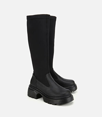 Kadın Siyah Streç Kalın Tabanlı Düz Çizme