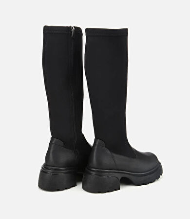 Kadın Siyah Streç Kalın Tabanlı Düz Çizme