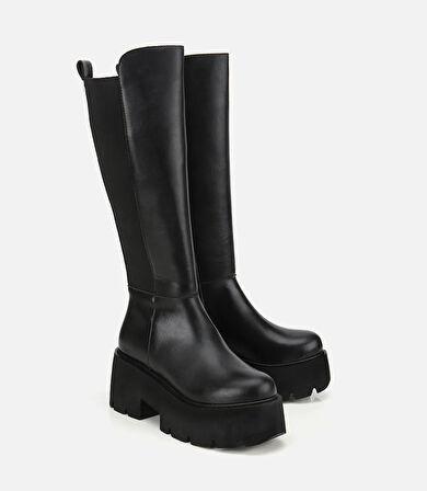 Kadın Siyah Streç Kalın Tabanlı Düz Çizme