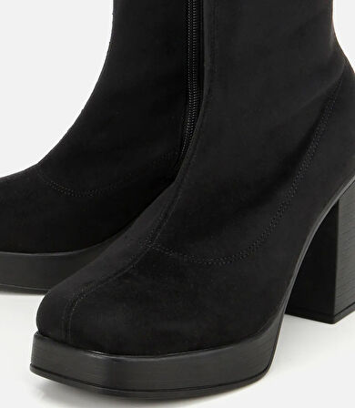 Kadın Siyah Streç Kalın Tabanlı Yüksek Topuklu Çizme