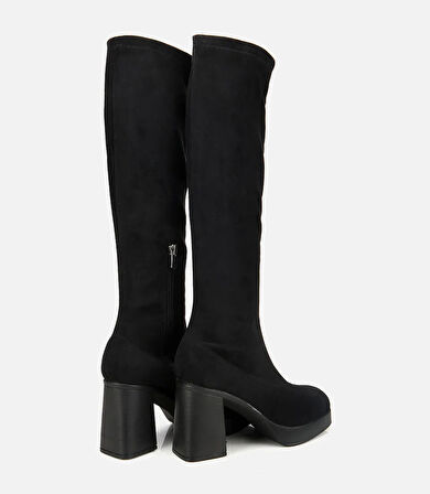 Kadın Siyah Streç Kalın Tabanlı Yüksek Topuklu Çizme
