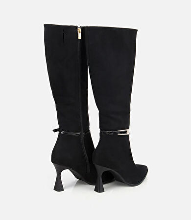 Kadın Süet Siyah Tokalı İnce Topuklu Bot