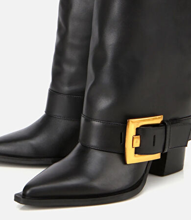 Kadın Deri Siyah Pantolon Görünümlü Gold Tokalı Kalın Topuklu Bot