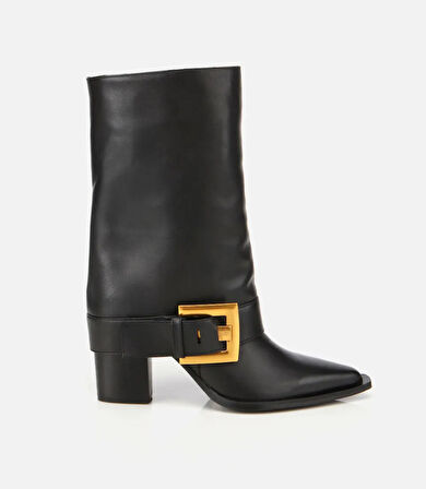 Kadın Deri Siyah Pantolon Görünümlü Gold Tokalı Kalın Topuklu Bot