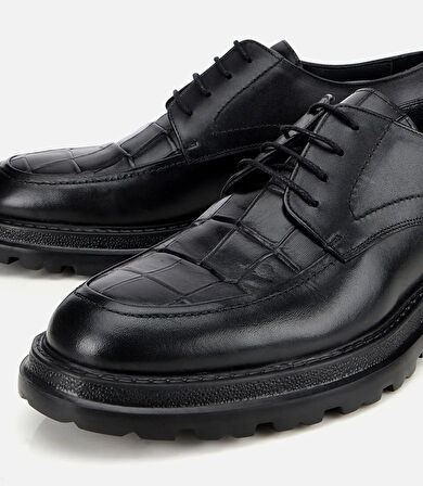 Erkek Kroko Deri Siyah Yüksek Tabanlı Klasik Ayakkabı