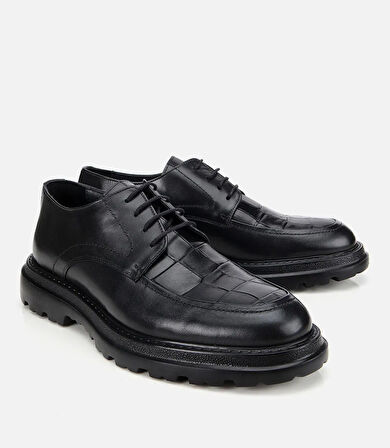 Erkek Kroko Deri Siyah Yüksek Tabanlı Klasik Ayakkabı