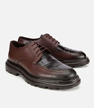 Erkek Kroko Deri Kahverengi Yüksek Tabanlı Klasik Ayakkabı